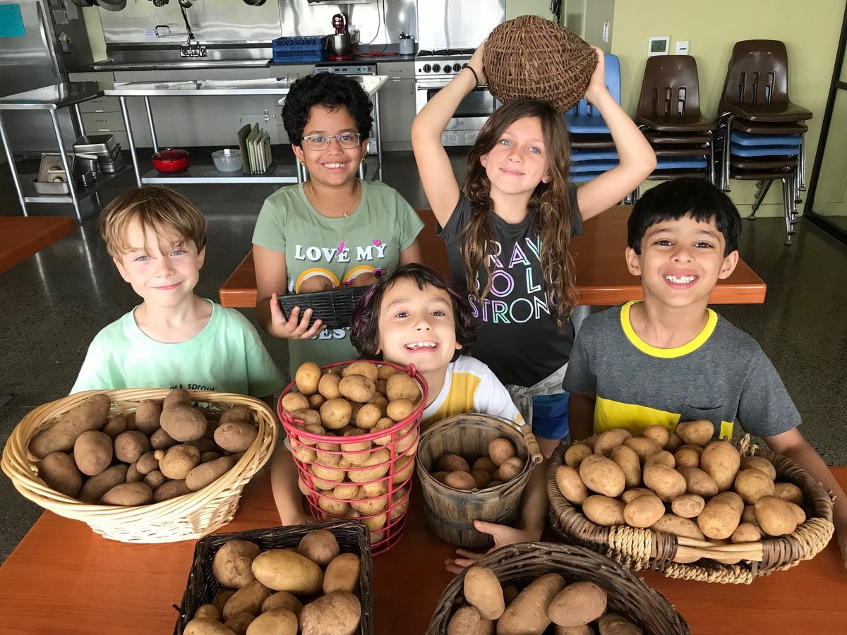 children show the potatoes they have harvested